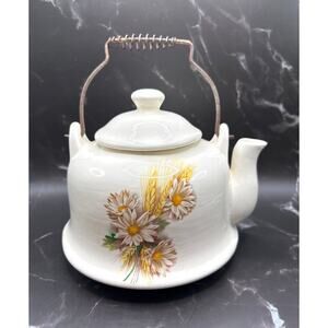 Porcelain Teapot Metal Handle Country Cottagecore Daisy and Wheat Pattern 1970's